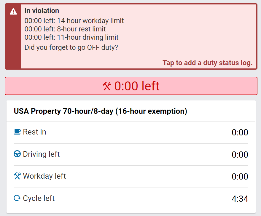 Provides an overview of how much driving time you have remaining based on your hours driven for the currently selected cycle