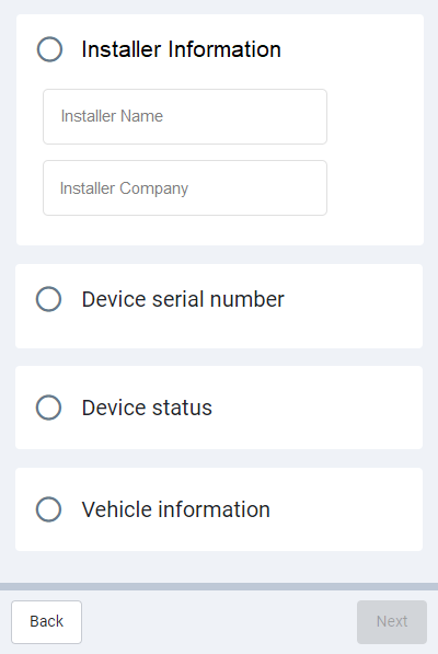 Screenshot displaying fields for Installer information, Device serial number, Device status, and Vehicle information on installmygps.com.