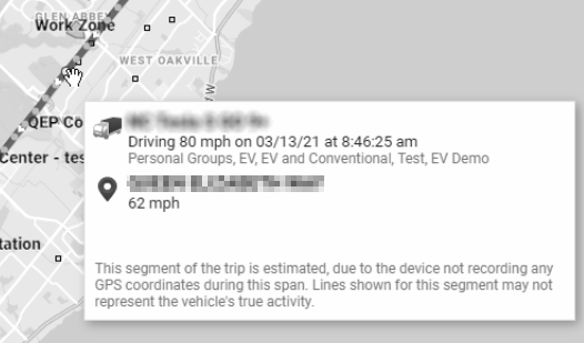 Example of a trip that did not have any GPS coordinates picked up by the telematics device. Displays a pop-up stating that the segment of the trip is estimated.
