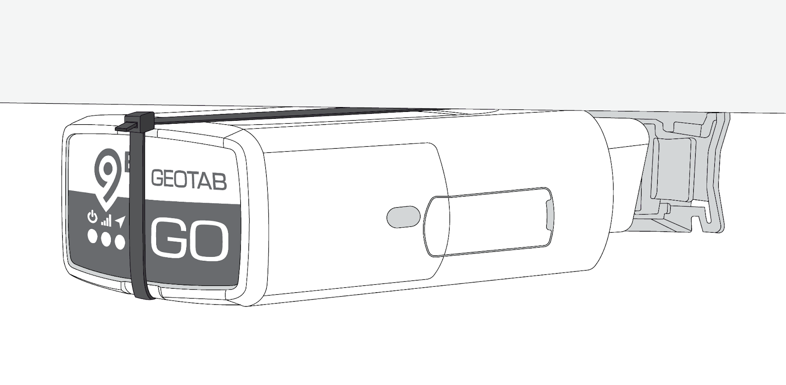 A GO9B device is secured to the vehicle's engine diagnostic port using a cable tie.