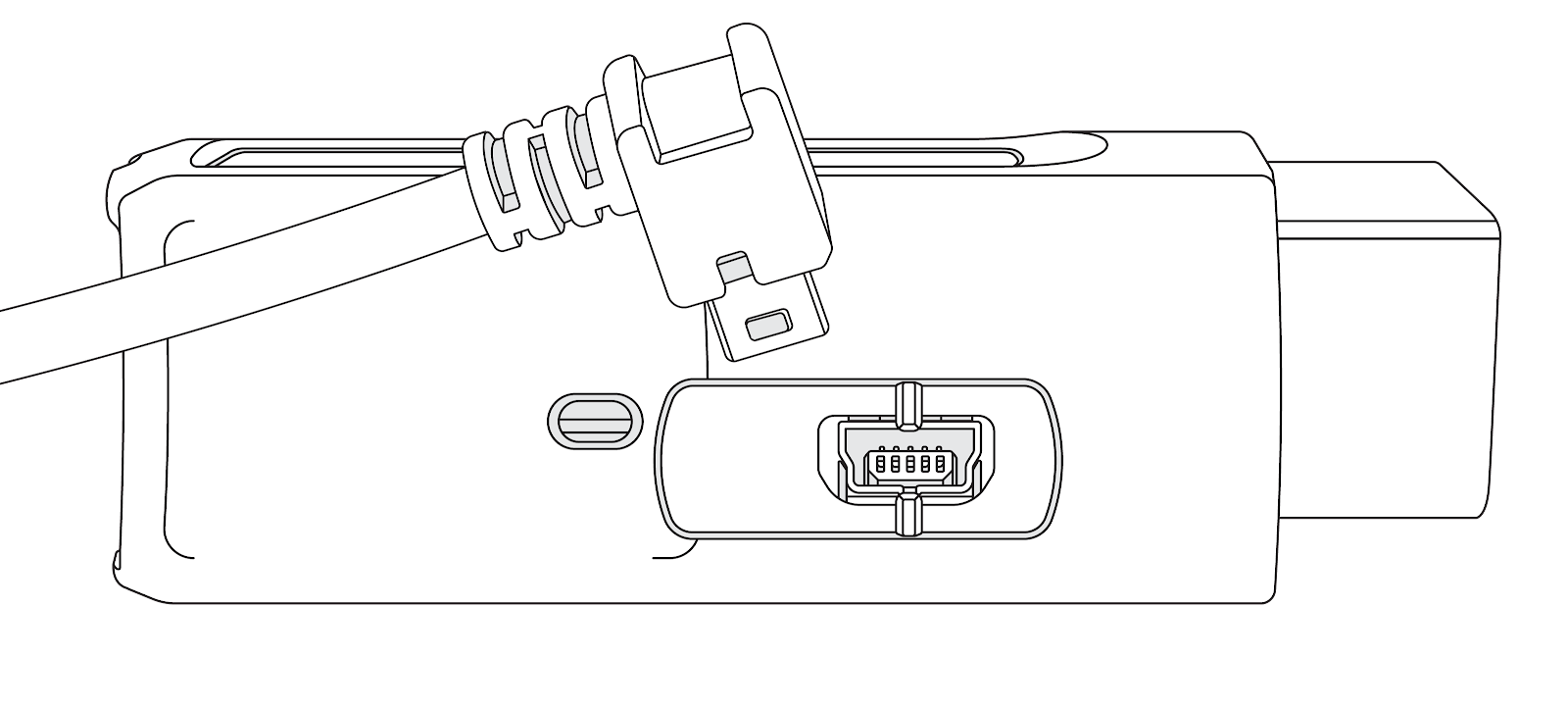 Line drawing of IOX USB connector being plugged in to GO device