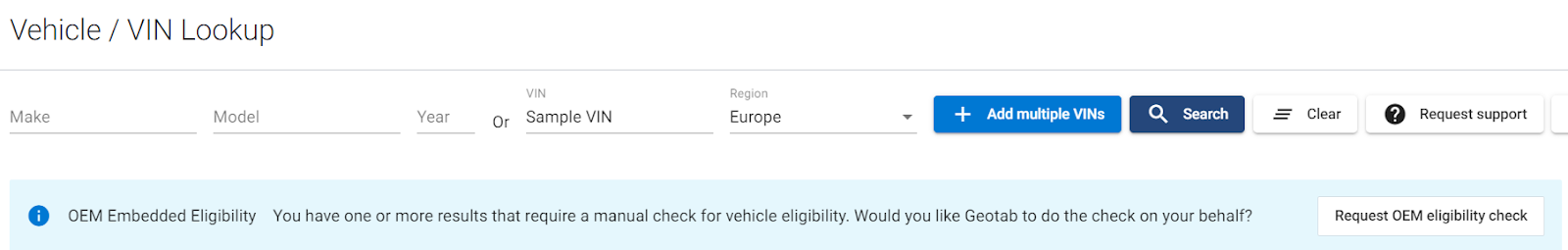 Vehicle/VIN Lookup page displaying a note for OEM Embedded Eligibility.