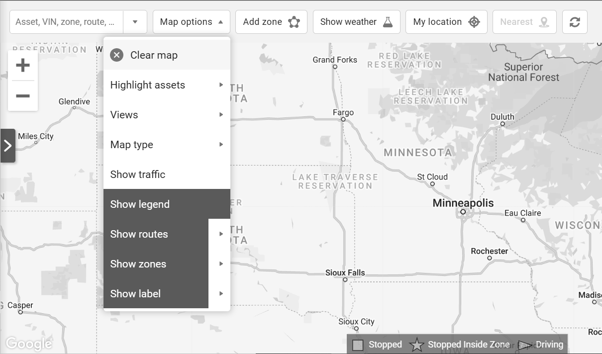 Filtering map display using the map options drop down menu