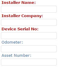 Screenshot displaying fields for Installer Name, Installer Company, Device Serial No, Odometer, and Asset Number on installmygps.com.