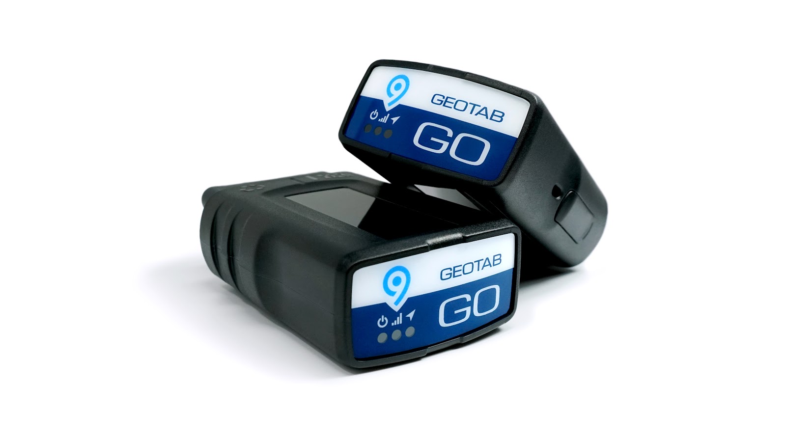 Two Geotab GO9 devices on a white background.