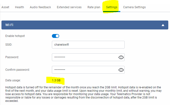 Screenshot of the Settings tab under the Vehicles & Assets page on MyGeotab. Under Wi-Fi, the Data usage field displays the user's Wi-Fi data usage in GB (gigabytes).