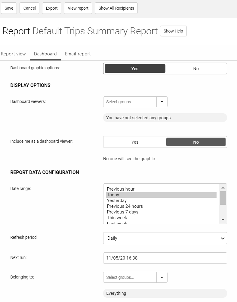 Report Default Trips Summary Report View.