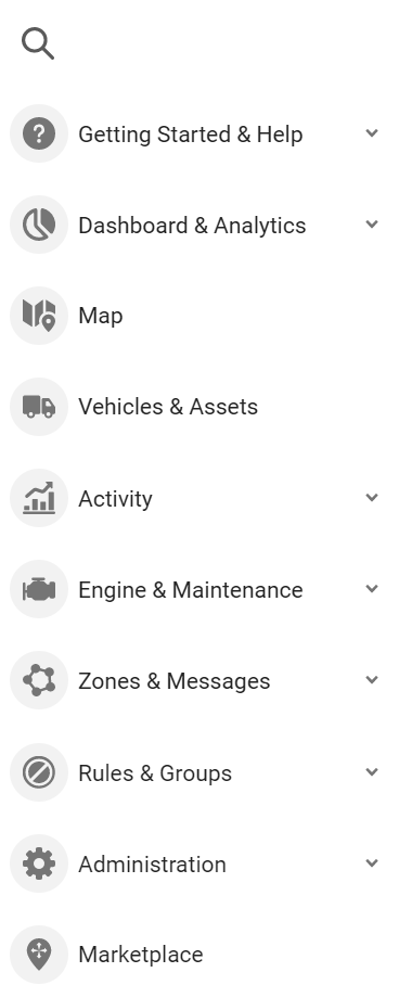 Main Menu panel showing Map, Vehicles & Assets, Fuel and EV Energy Usage, Zones, Rules, Administration, and other key features.
