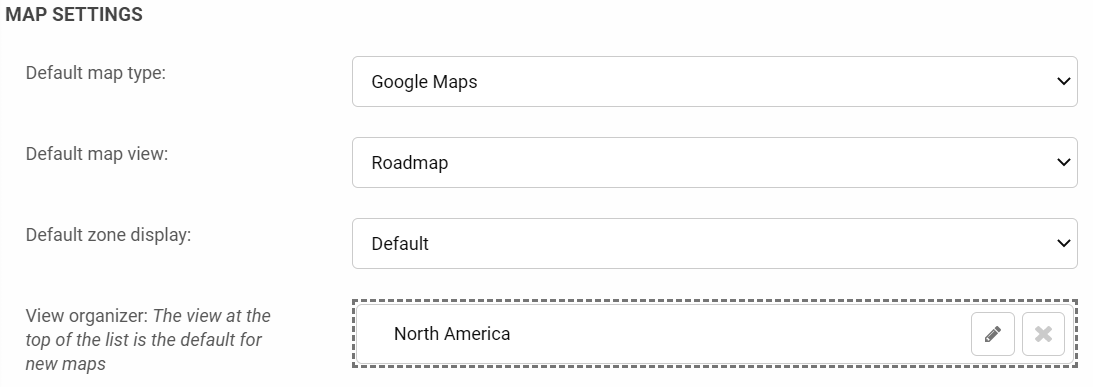 List of Map settings: Default map type, Default map view, Default zone display, View organizer. 