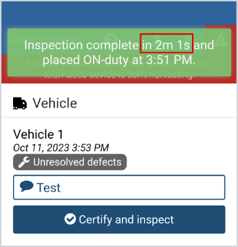 The inspection completion confirmation including the time taken
