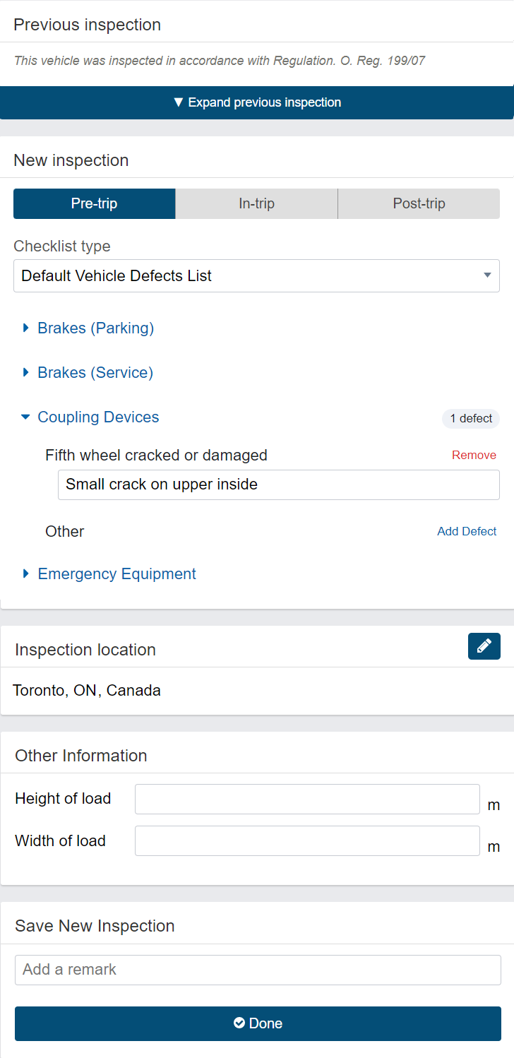 The list of defects can be configured by your organization. Note that you may see different inspection items than are shown in this sample screenshot.
