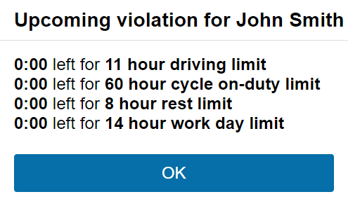 Appears when you are within two hours of violating your driving limit for your currently selected cycle